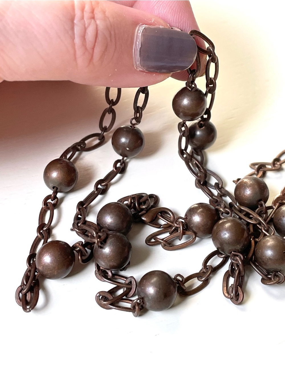 Vintage copper metal orb station link necklace boho
